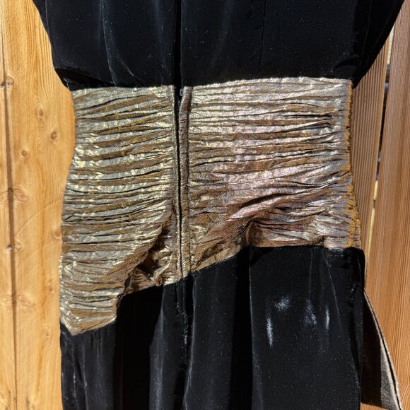 Vintage Dress 80s Black Velvet Gold Lame Fitted Formal Cocktail Sheath S - Picture 12 of 16